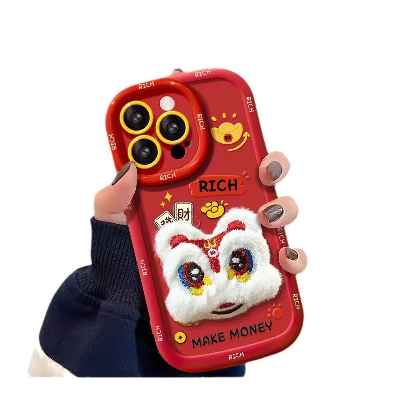 Suitable for iPhone 15 Promax phone case iPhone 14 lion dance plush toy 13 New Year celebration 12 soft silicone