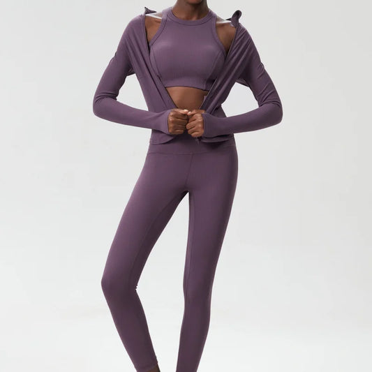 3 Pieces Set Beauty Back High Waist Sport Outfit For Woman Solid Color Plus Size Long Sleeve Running Fitness Workout Clothes
