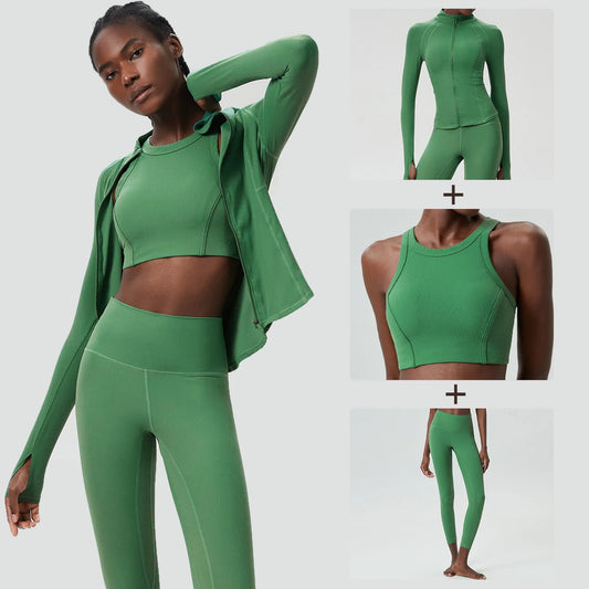 3 Pieces Set Beauty Back High Waist Sport Outfit For Woman Solid Color Plus Size Long Sleeve Running Fitness Workout Clothes