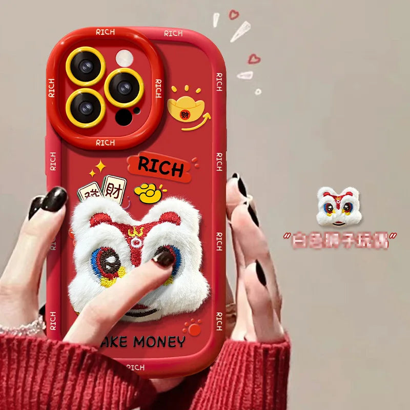 Suitable for iPhone 15 Promax phone case iPhone 14 lion dance plush toy 13 New Year celebration 12 soft silicone