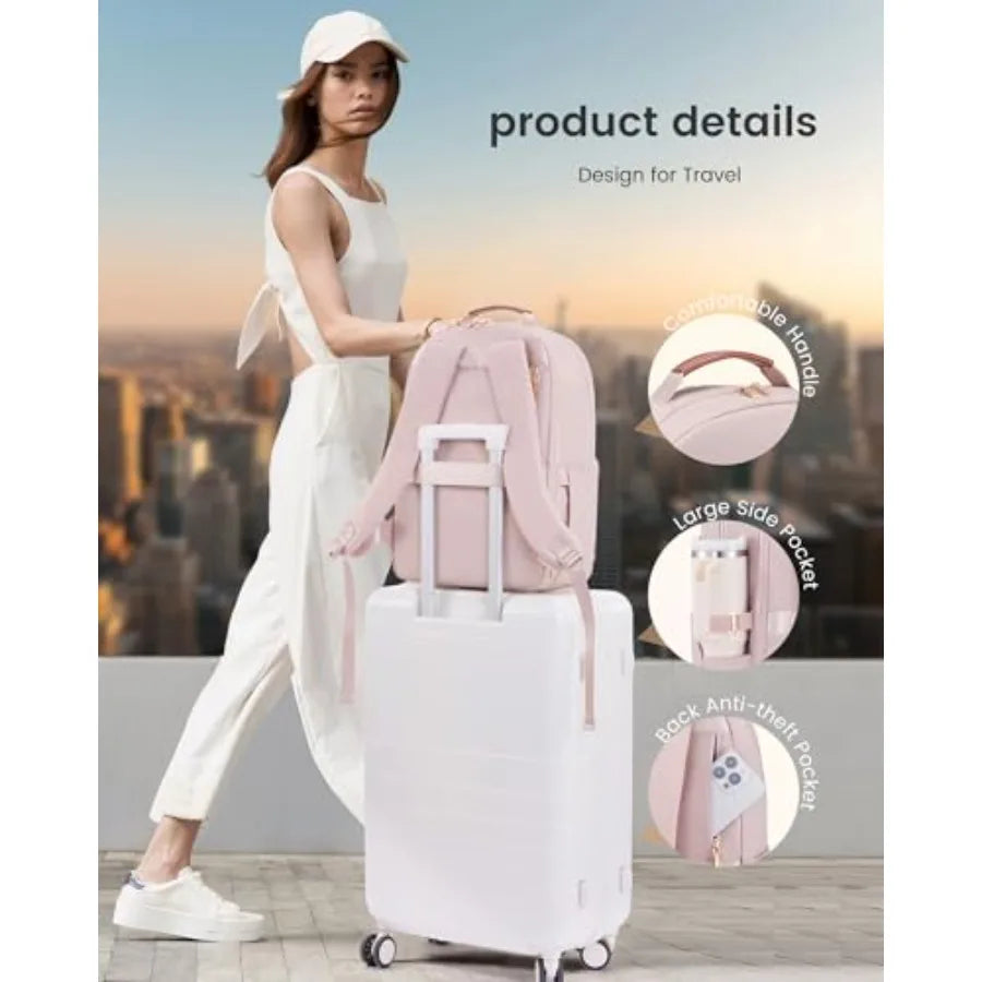 Laptop Backpack for Women with Leather Trim and Tumbler Pockets " Work Backpack Purse Travel Personal Item Bag Carry On Busess
