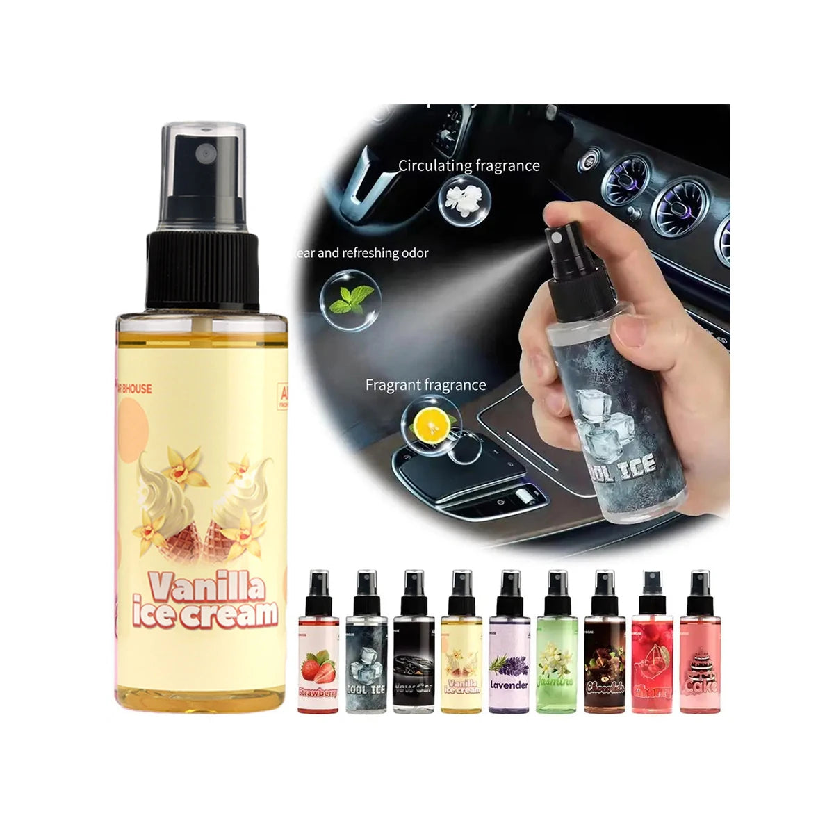 Car Air Freshener Spray Car Fragrance Long-Lasting Light Strawberry/cherry/cake Scent Fresh Perfume Car Interior Deodorant Spray