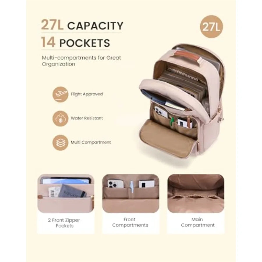 Laptop Backpack for Women with Leather Trim and Tumbler Pockets " Work Backpack Purse Travel Personal Item Bag Carry On Busess