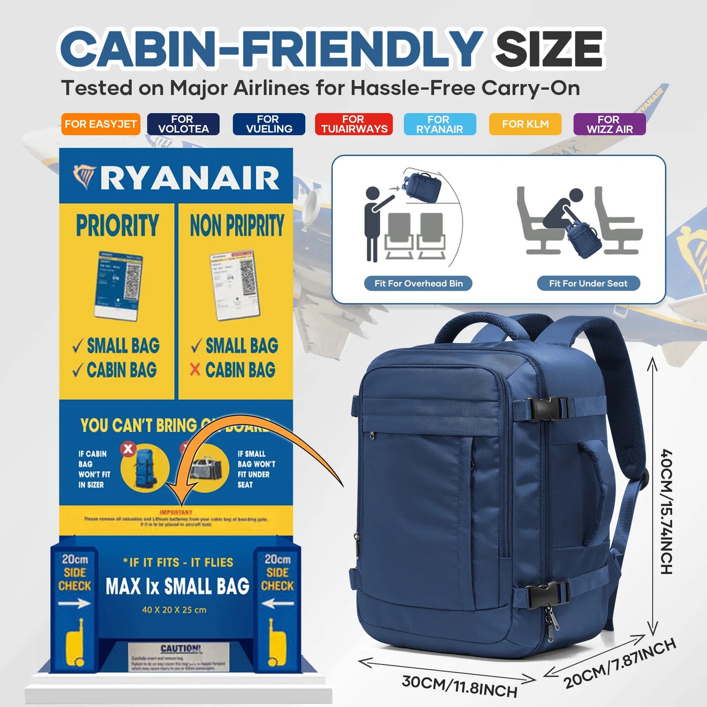 Ryanair Cabin Bags 40x30x20 Underseat Travel Backpack, Men Convenient Outdoor Backpack Business Backpack Storage Laptop Bag
