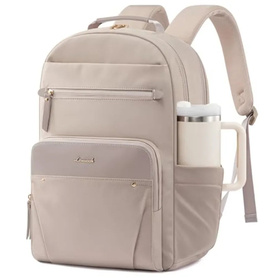 Laptop Backpack for Women with Leather Trim and Tumbler Pockets " Work Backpack Purse Travel Personal Item Bag Carry On Busess
