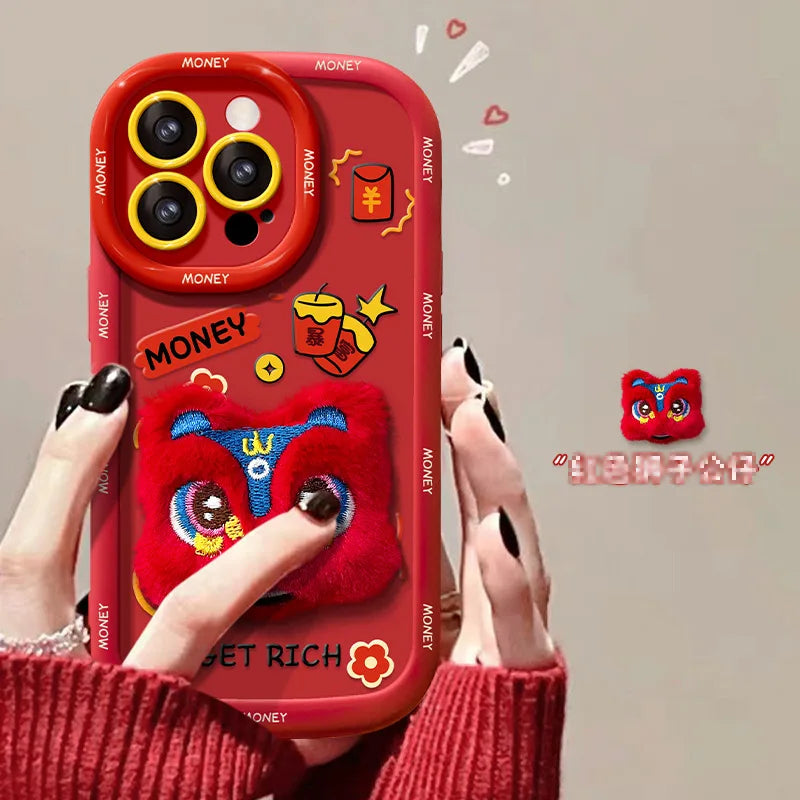 Suitable for iPhone 15 Promax phone case iPhone 14 lion dance plush toy 13 New Year celebration 12 soft silicone