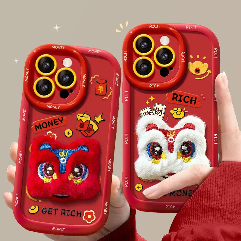 Suitable for iPhone 15 Promax phone case iPhone 14 lion dance plush toy 13 New Year celebration 12 soft silicone